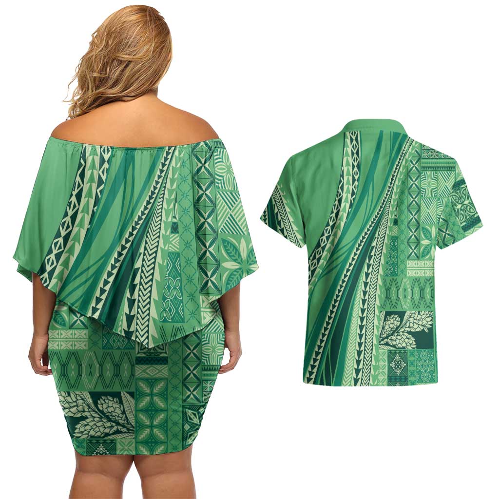 Pasifika Women's Day - Samoa Siapo Malu Tattoo Inspired Couples Matching Off Shoulder Short Dress and Hawaiian Shirt Jade LT7 - Polynesian Pride