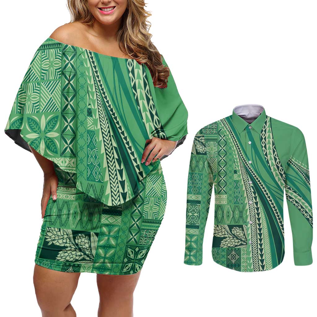 Pasifika Women's Day - Samoa Siapo Malu Tattoo Inspired Couples Matching Off Shoulder Short Dress and Long Sleeve Button Shirt Jade LT7 Jade - Polynesian Pride
