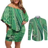 Pasifika Women's Day - Samoa Siapo Malu Tattoo Inspired Couples Matching Off Shoulder Short Dress and Long Sleeve Button Shirt Jade LT7 Jade - Polynesian Pride