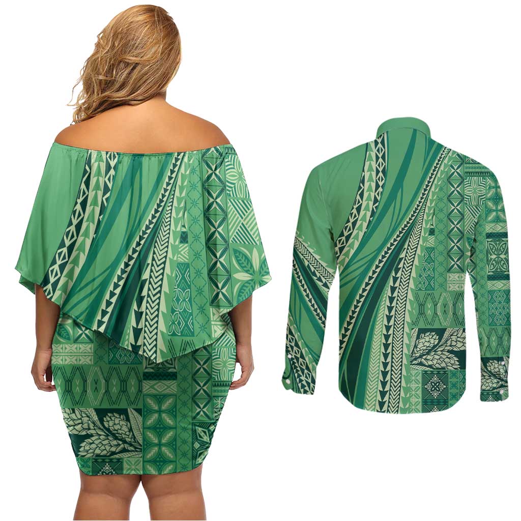 Pasifika Women's Day - Samoa Siapo Malu Tattoo Inspired Couples Matching Off Shoulder Short Dress and Long Sleeve Button Shirt Jade LT7 - Polynesian Pride