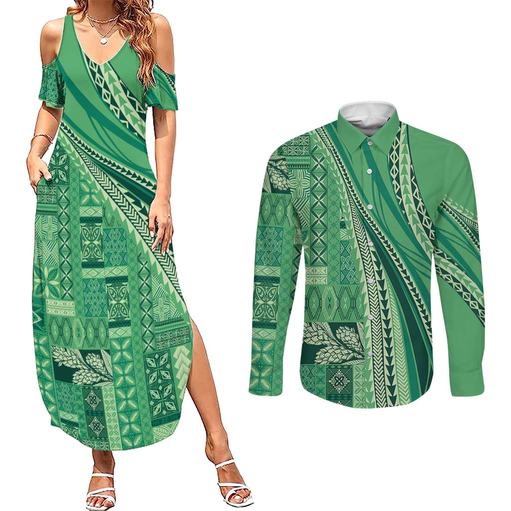 Pasifika Women's Day - Samoa Siapo Malu Tattoo Inspired Couples Matching Summer Maxi Dress and Long Sleeve Button Shirt Jade
