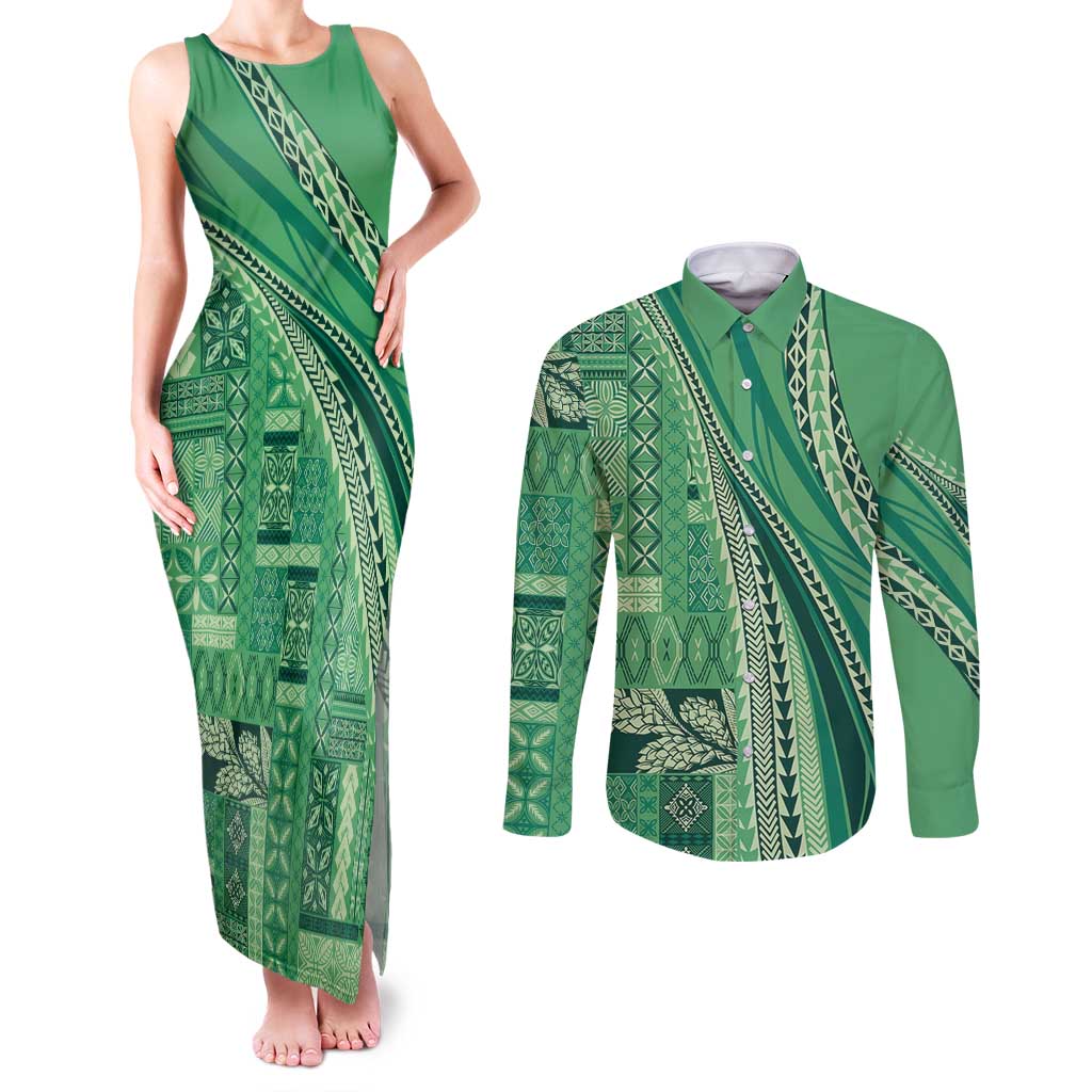 Pasifika Women's Day - Samoa Siapo Malu Tattoo Inspired Couples Matching Tank Maxi Dress and Long Sleeve Button Shirt Jade