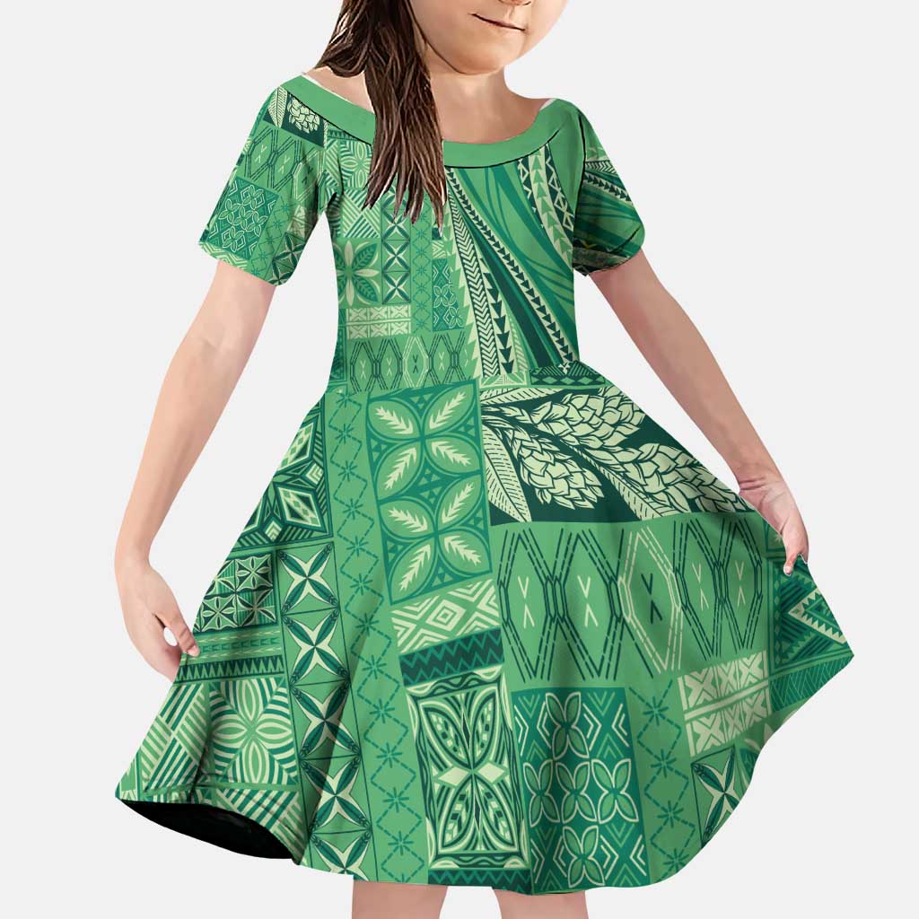Pasifika Women's Day - Samoa Siapo Malu Tattoo Inspired Family Matching Off The Shoulder Long Sleeve Dress and Hawaiian Shirt Jade