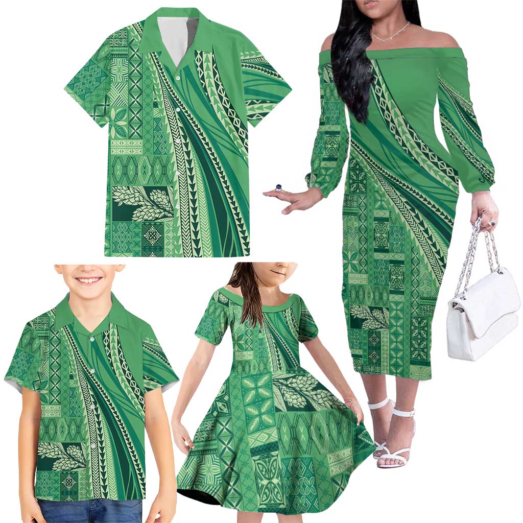 Pasifika Women's Day - Samoa Siapo Malu Tattoo Inspired Family Matching Off The Shoulder Long Sleeve Dress and Hawaiian Shirt Jade