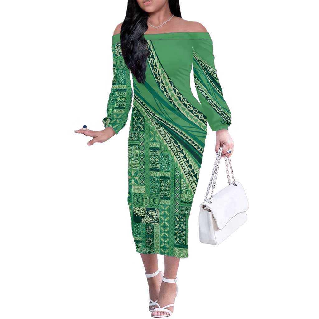 Pasifika Women's Day - Samoa Siapo Malu Tattoo Inspired Family Matching Off The Shoulder Long Sleeve Dress and Hawaiian Shirt Jade