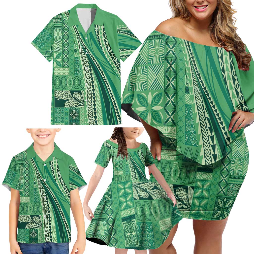 Pasifika Women's Day - Samoa Siapo Malu Tattoo Inspired Family Matching Off Shoulder Short Dress and Hawaiian Shirt Jade