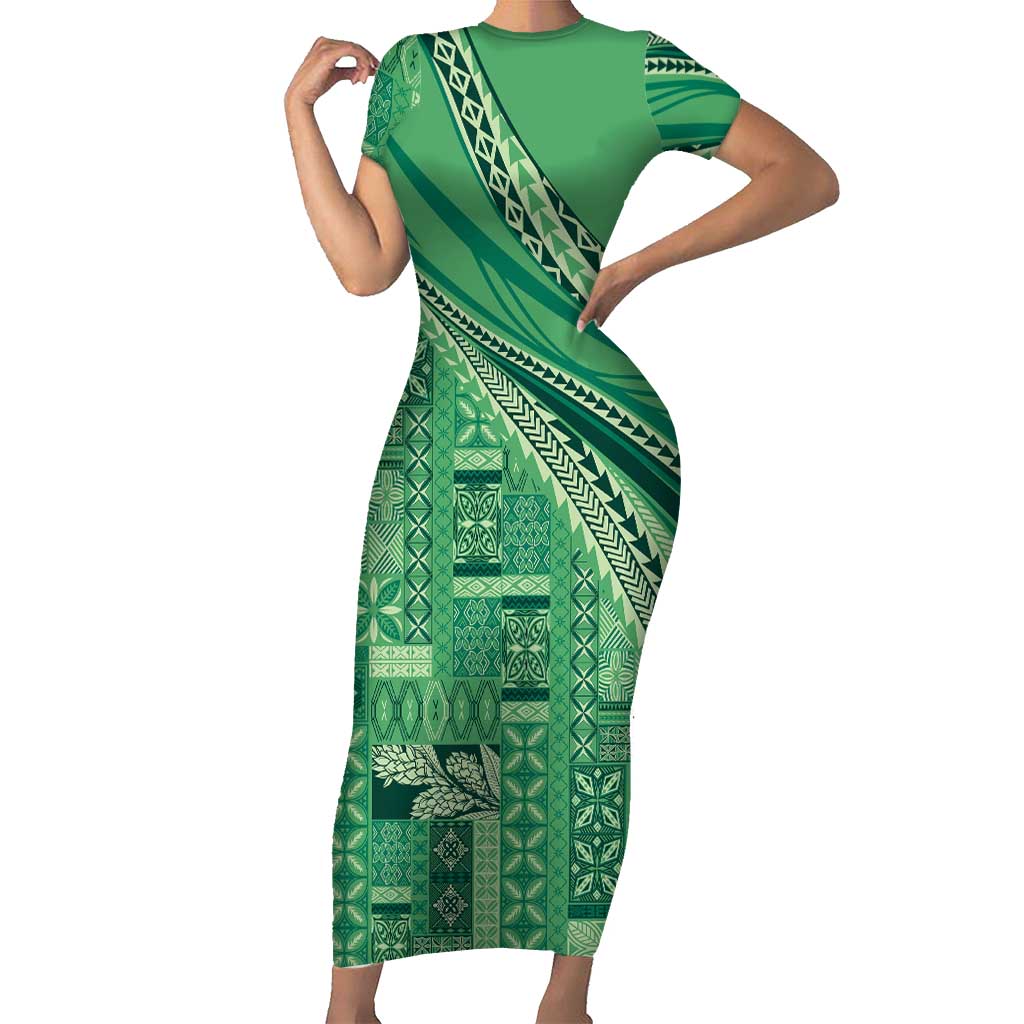 Pasifika Women's Day - Samoa Siapo Malu Tattoo Inspired Family Matching Short Sleeve Bodycon Dress and Hawaiian Shirt Jade