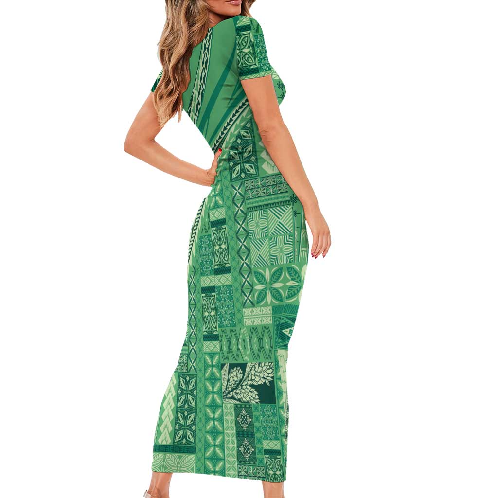 Pasifika Women's Day - Samoa Siapo Malu Tattoo Inspired Family Matching Short Sleeve Bodycon Dress and Hawaiian Shirt Jade