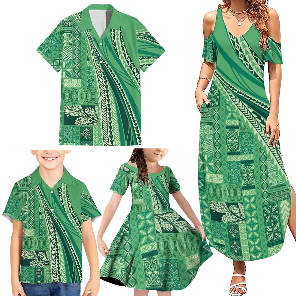 Pasifika Women's Day - Samoa Siapo Malu Tattoo Inspired Family Matching Summer Maxi Dress and Hawaiian Shirt Jade