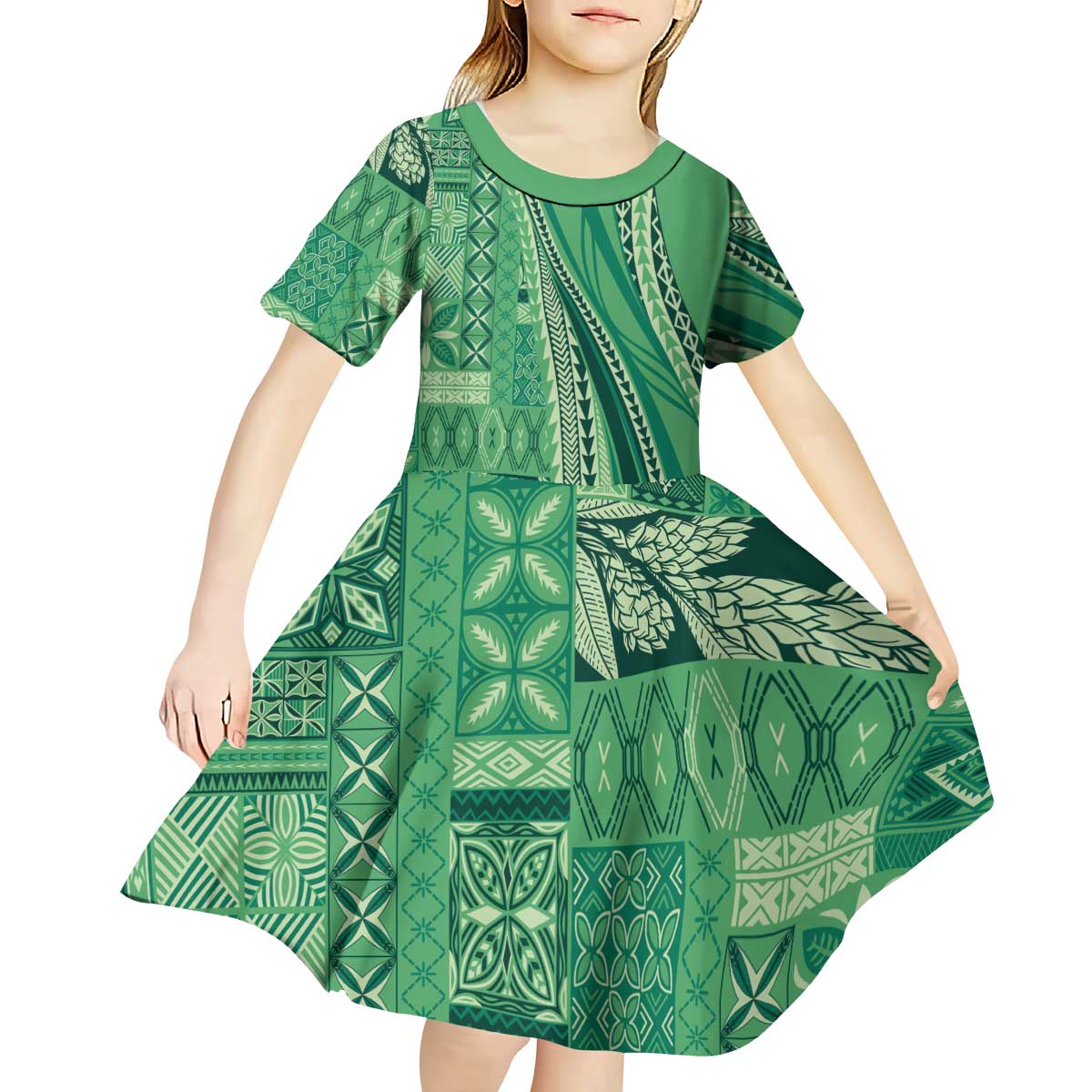 Pasifika Women's Day - Samoa Siapo Malu Tattoo Inspired Kid Short Sleeve Dress Jade