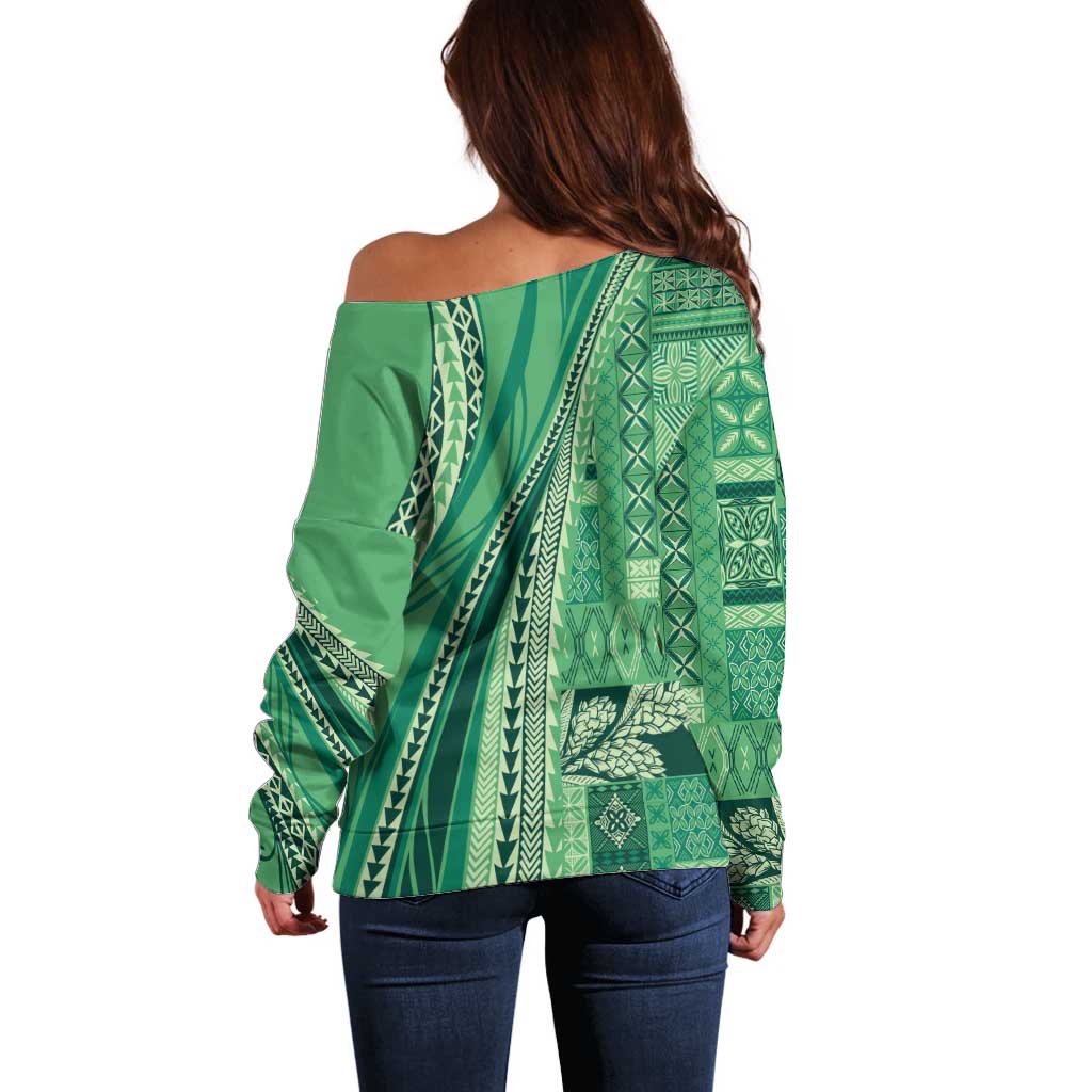Pasifika Women's Day - Samoa Siapo Malu Tattoo Inspired Off Shoulder Sweater Jade