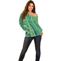 Pasifika Women's Day - Samoa Siapo Malu Tattoo Inspired Off Shoulder Sweater Jade