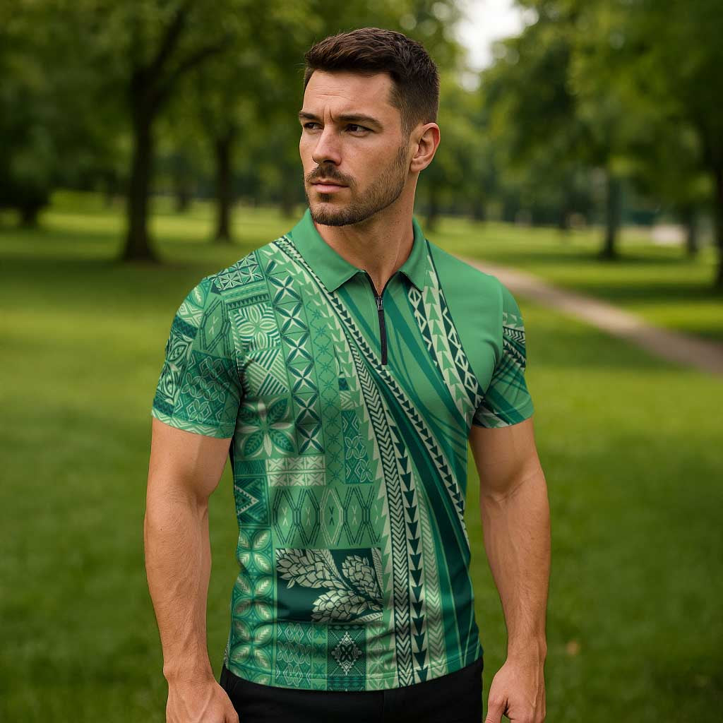 Pasifika Women's Day - Samoa Siapo Malu Tattoo Inspired Zipper Polo Shirt Jade