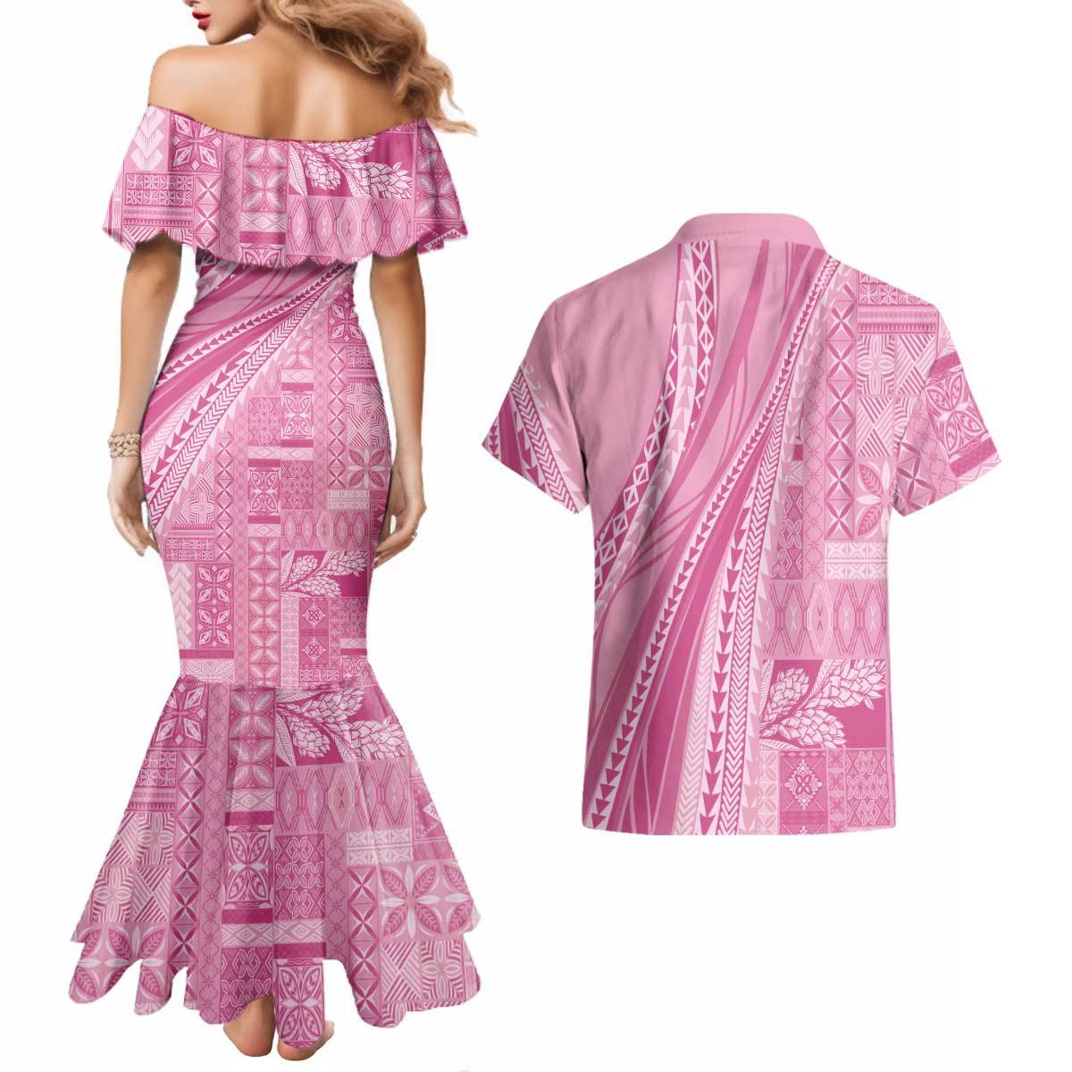 Pasifika Women's Day - Samoa Siapo Malu Tattoo Inspired Couples Matching Mermaid Dress and Hawaiian Shirt Pink LT7 - Polynesian Pride