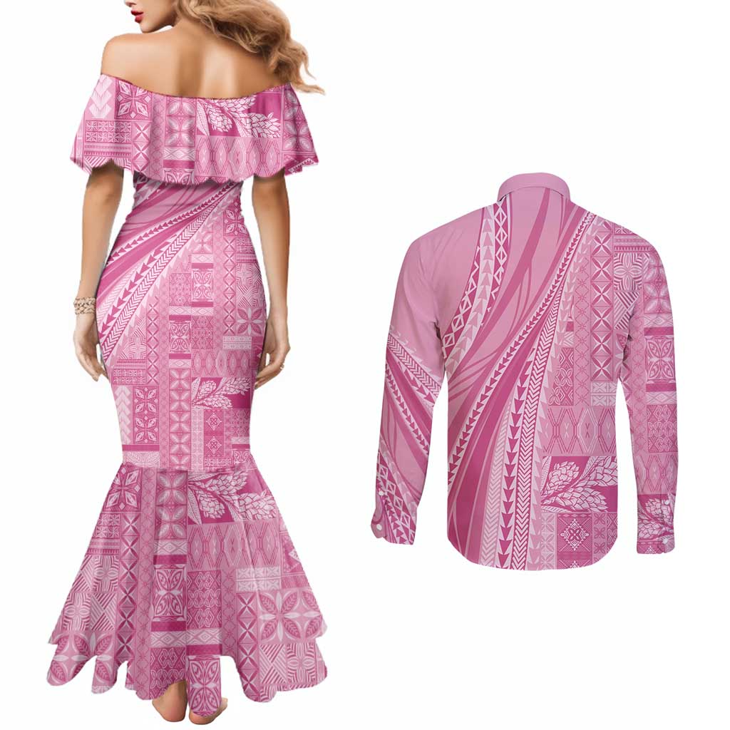 Pasifika Women's Day - Samoa Siapo Malu Tattoo Inspired Couples Matching Mermaid Dress and Long Sleeve Button Shirt Pink LT7 - Polynesian Pride