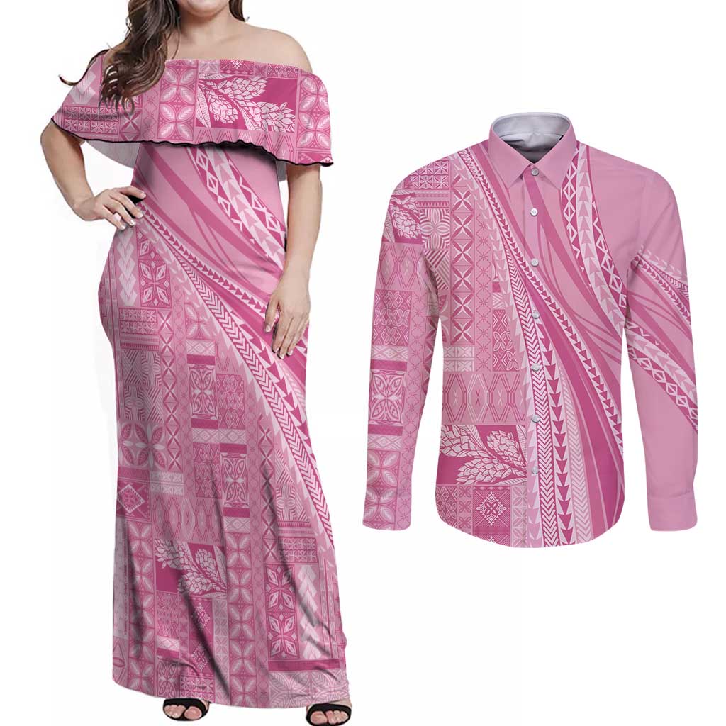 Pasifika Women's Day - Samoa Siapo Malu Tattoo Inspired Couples Matching Off Shoulder Maxi Dress and Long Sleeve Button Shirt Pink LT7 Pink - Polynesian Pride