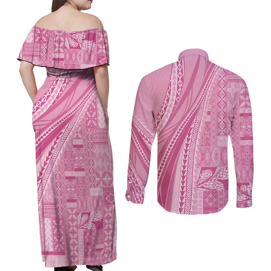 Pasifika Women's Day - Samoa Siapo Malu Tattoo Inspired Couples Matching Off Shoulder Maxi Dress and Long Sleeve Button Shirt Pink LT7 - Polynesian Pride