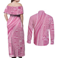 Pasifika Women's Day - Samoa Siapo Malu Tattoo Inspired Couples Matching Off Shoulder Maxi Dress and Long Sleeve Button Shirt Pink LT7 - Polynesian Pride