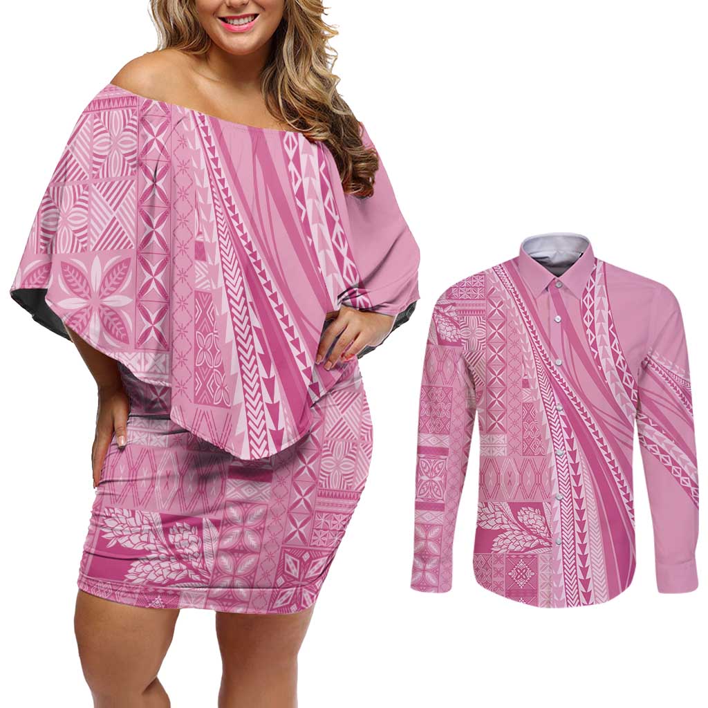 Pasifika Women's Day - Samoa Siapo Malu Tattoo Inspired Couples Matching Off Shoulder Short Dress and Long Sleeve Button Shirt Pink