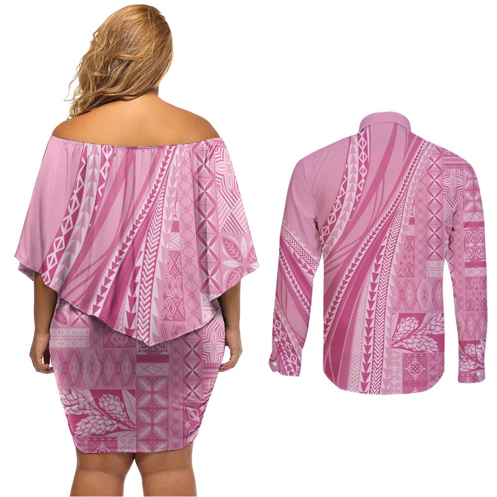 Pasifika Women's Day - Samoa Siapo Malu Tattoo Inspired Couples Matching Off Shoulder Short Dress and Long Sleeve Button Shirt Pink LT7 - Polynesian Pride