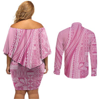 Pasifika Women's Day - Samoa Siapo Malu Tattoo Inspired Couples Matching Off Shoulder Short Dress and Long Sleeve Button Shirt Pink LT7 - Polynesian Pride