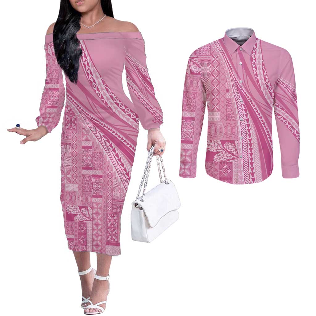 Pasifika Women's Day - Samoa Siapo Malu Tattoo Inspired Couples Matching Off The Shoulder Long Sleeve Dress and Long Sleeve Button Shirt Pink