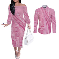 Pasifika Women's Day - Samoa Siapo Malu Tattoo Inspired Couples Matching Off The Shoulder Long Sleeve Dress and Long Sleeve Button Shirt Pink LT7 Pink - Polynesian Pride