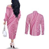 Pasifika Women's Day - Samoa Siapo Malu Tattoo Inspired Couples Matching Off The Shoulder Long Sleeve Dress and Long Sleeve Button Shirt Pink LT7 - Polynesian Pride