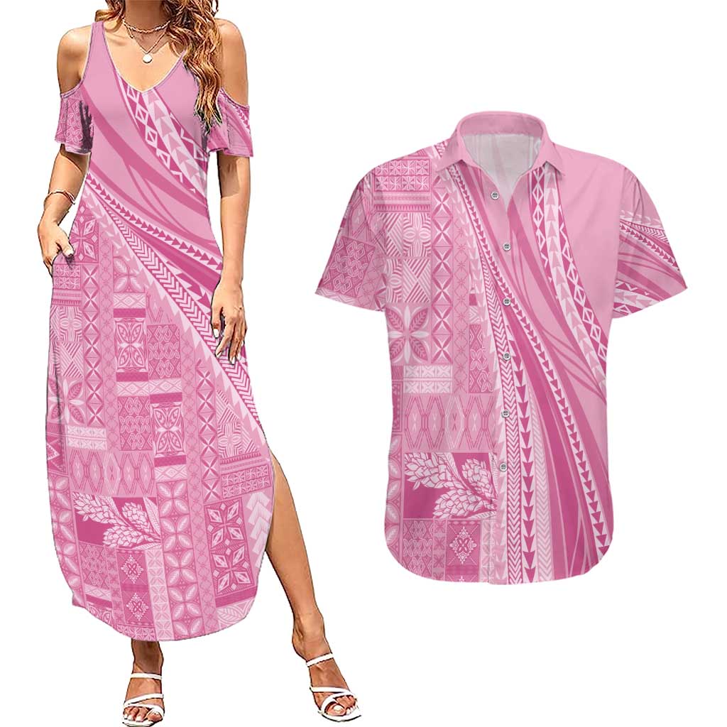 Pasifika Women's Day - Samoa Siapo Malu Tattoo Inspired Couples Matching Summer Maxi Dress and Hawaiian Shirt Pink