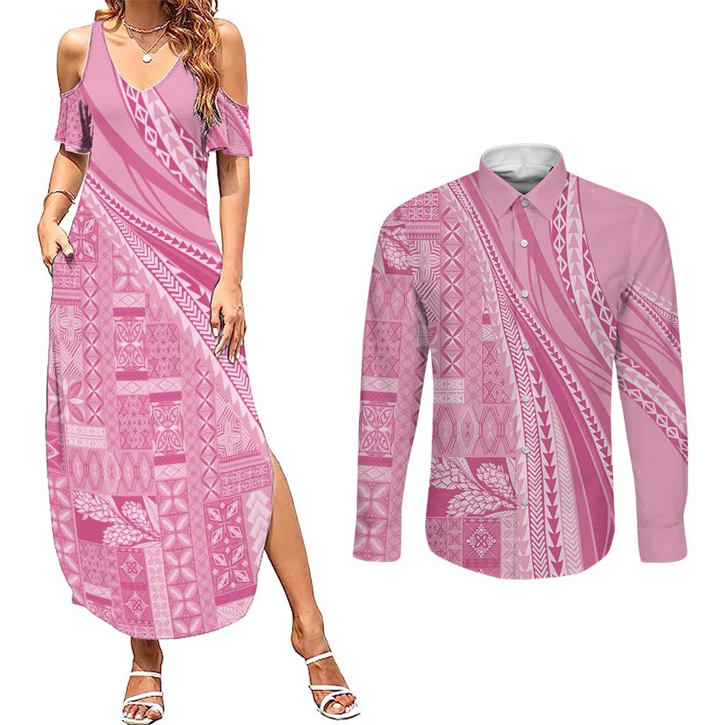 Pasifika Women's Day - Samoa Siapo Malu Tattoo Inspired Couples Matching Summer Maxi Dress and Long Sleeve Button Shirt Pink LT7 Pink - Polynesian Pride