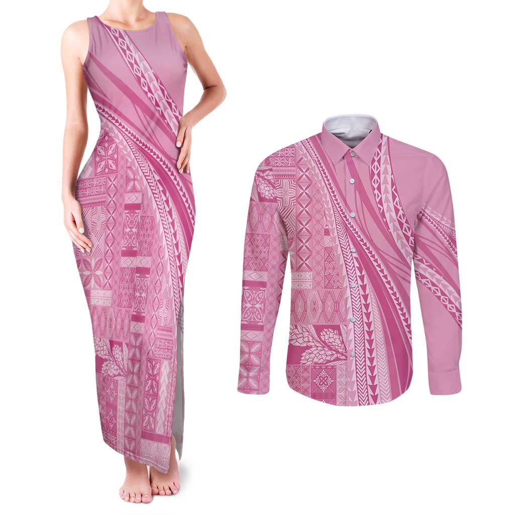 Pasifika Women's Day - Samoa Siapo Malu Tattoo Inspired Couples Matching Tank Maxi Dress and Long Sleeve Button Shirt Pink