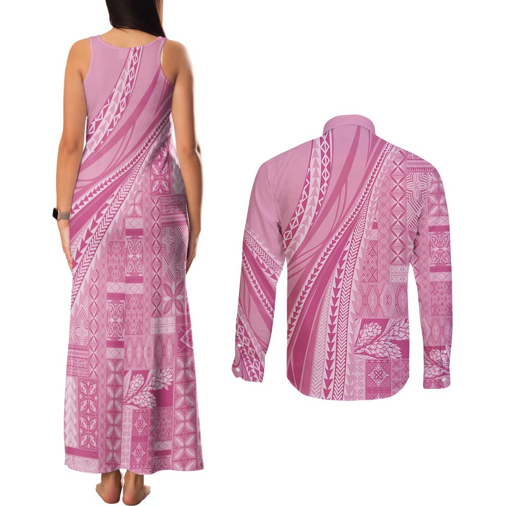 Pasifika Women's Day - Samoa Siapo Malu Tattoo Inspired Couples Matching Tank Maxi Dress and Long Sleeve Button Shirt Pink