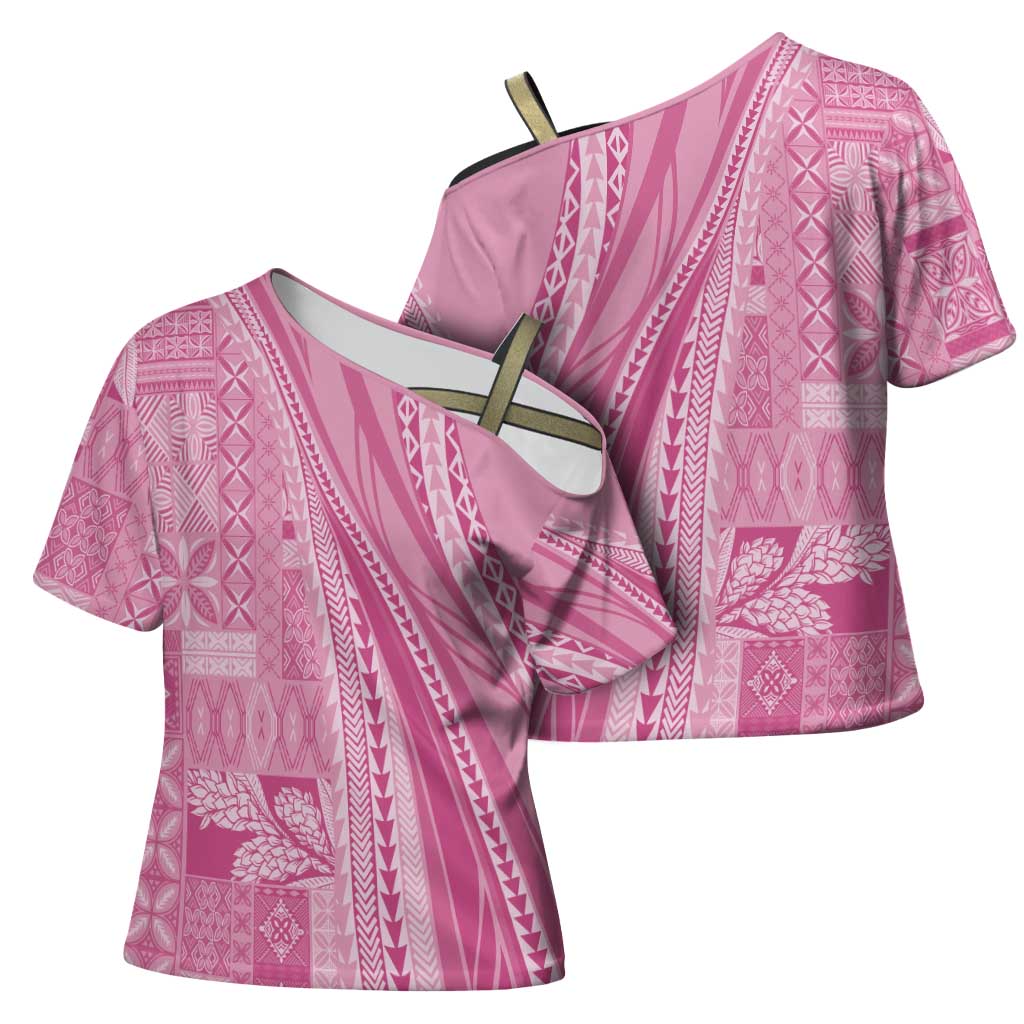 Pasifika Women's Day - Samoa Siapo Malu Tattoo Inspired Cross Shoulder Shirt Pink