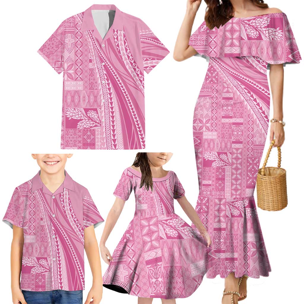 Pasifika Women's Day - Samoa Siapo Malu Tattoo Inspired Family Matching Mermaid Dress and Hawaiian Shirt Pink