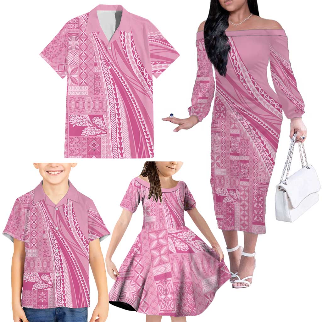 Pasifika Women's Day - Samoa Siapo Malu Tattoo Inspired Family Matching Off The Shoulder Long Sleeve Dress and Hawaiian Shirt Pink