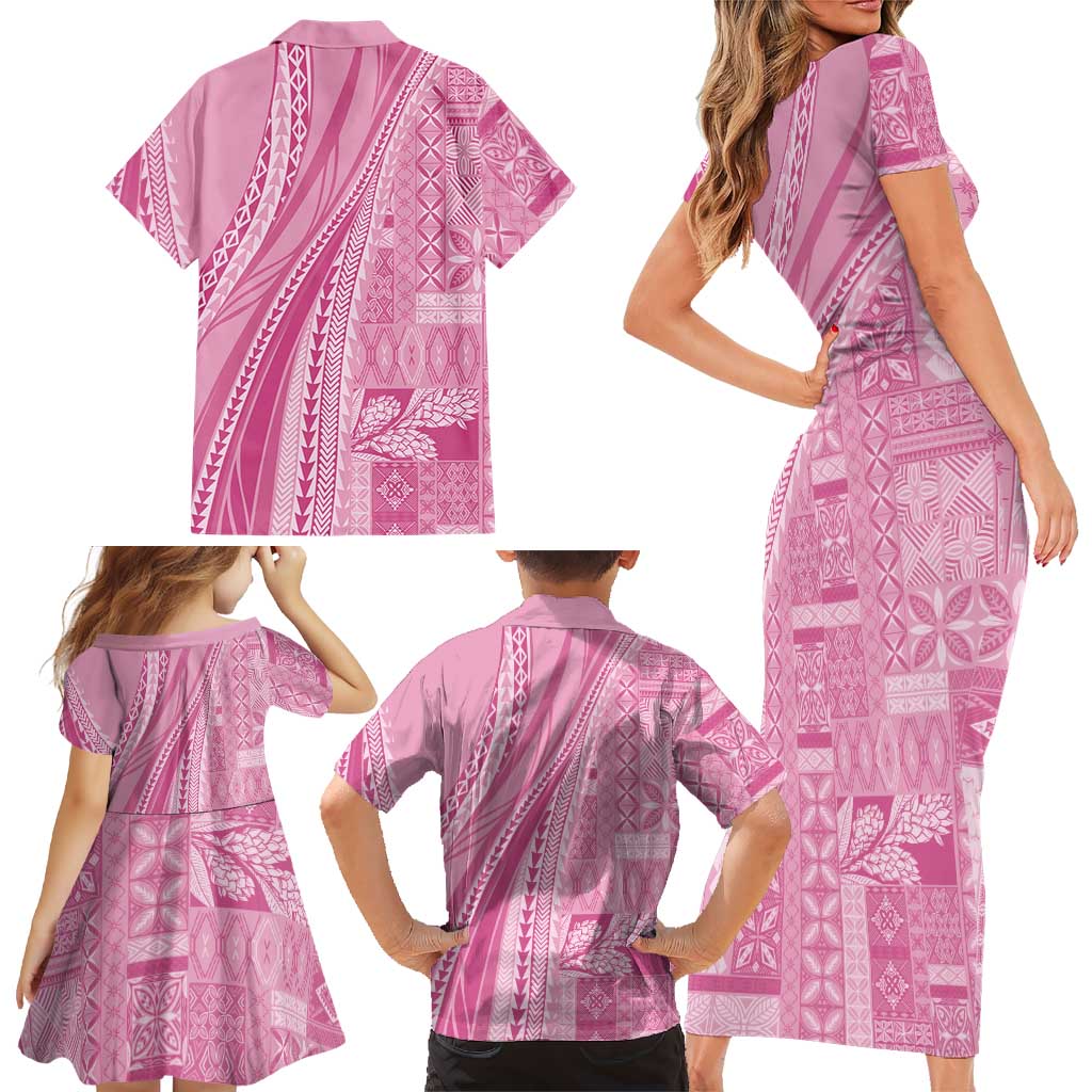 Pasifika Women's Day - Samoa Siapo Malu Tattoo Inspired Family Matching Short Sleeve Bodycon Dress and Hawaiian Shirt Pink LT7 - Polynesian Pride