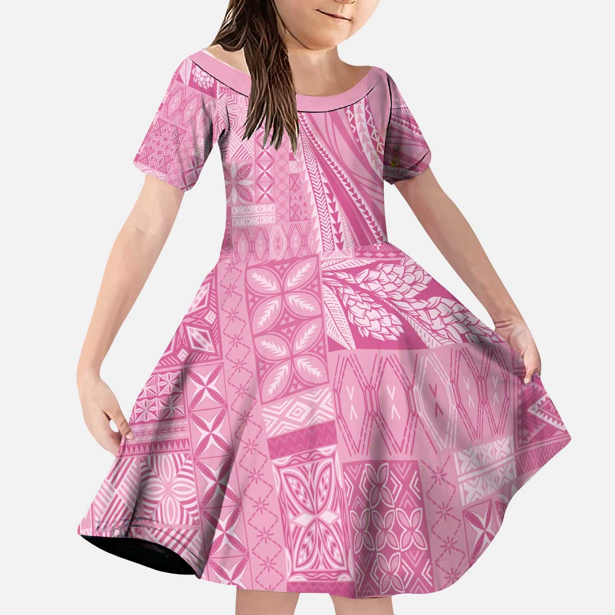 Pasifika Women's Day - Samoa Siapo Malu Tattoo Inspired Kid Short Sleeve Dress Pink