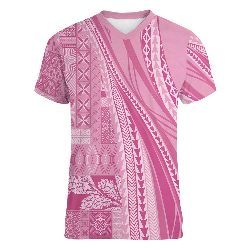 Pasifika Women's Day - Samoa Siapo Malu Tattoo Inspired Women V-Neck T-Shirt Pink LT7 Female Pink - Polynesian Pride