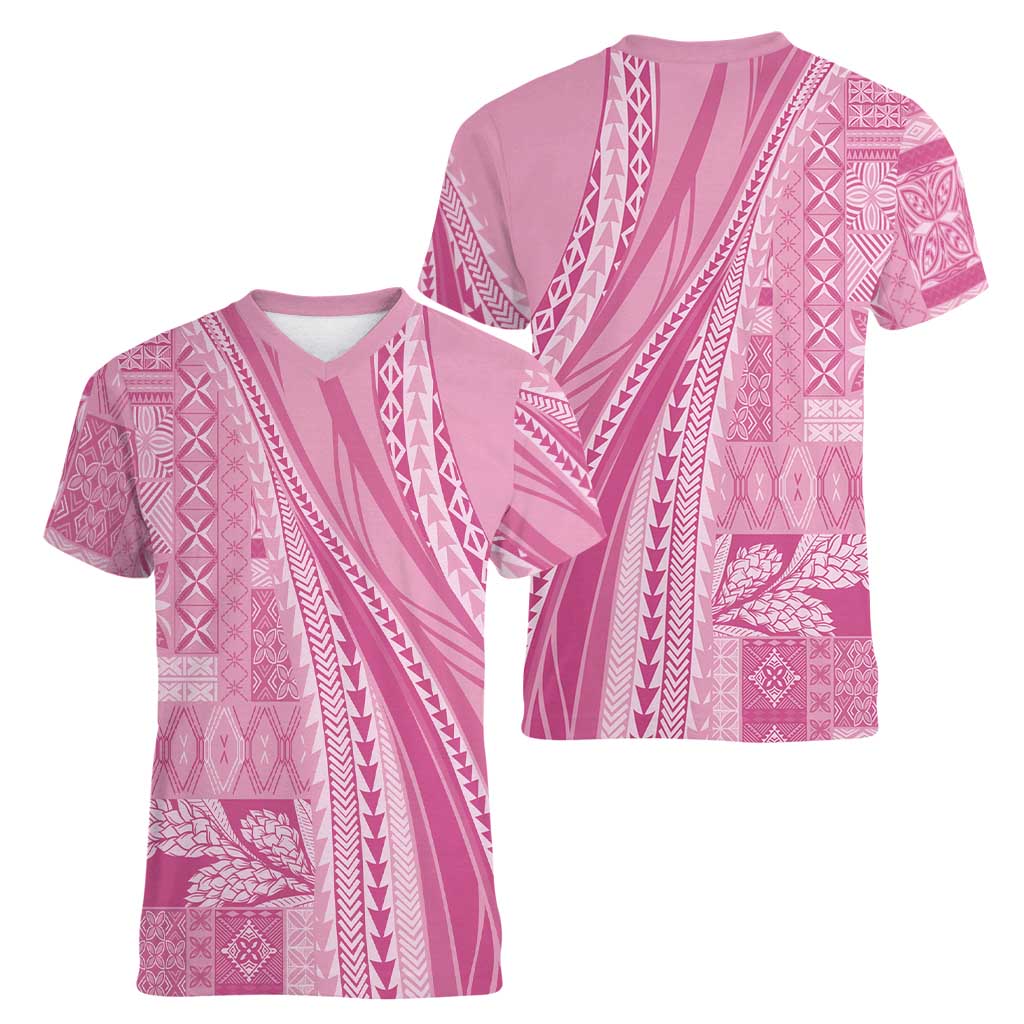 Pasifika Women's Day - Samoa Siapo Malu Tattoo Inspired Women V-Neck T-Shirt Pink LT7 - Polynesian Pride