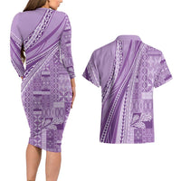 Pasifika Women's Day - Samoa Siapo Malu Tattoo Inspired Couples Matching Long Sleeve Bodycon Dress and Hawaiian Shirt Lavender LT7 - Polynesian Pride