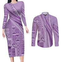 Pasifika Women's Day - Samoa Siapo Malu Tattoo Inspired Couples Matching Long Sleeve Bodycon Dress and Long Sleeve Button Shirt Lavender LT7 Lavender - Polynesian Pride