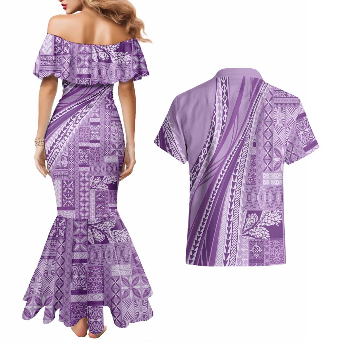 Pasifika Women's Day - Samoa Siapo Malu Tattoo Inspired Couples Matching Mermaid Dress and Hawaiian Shirt Lavender LT7 - Polynesian Pride