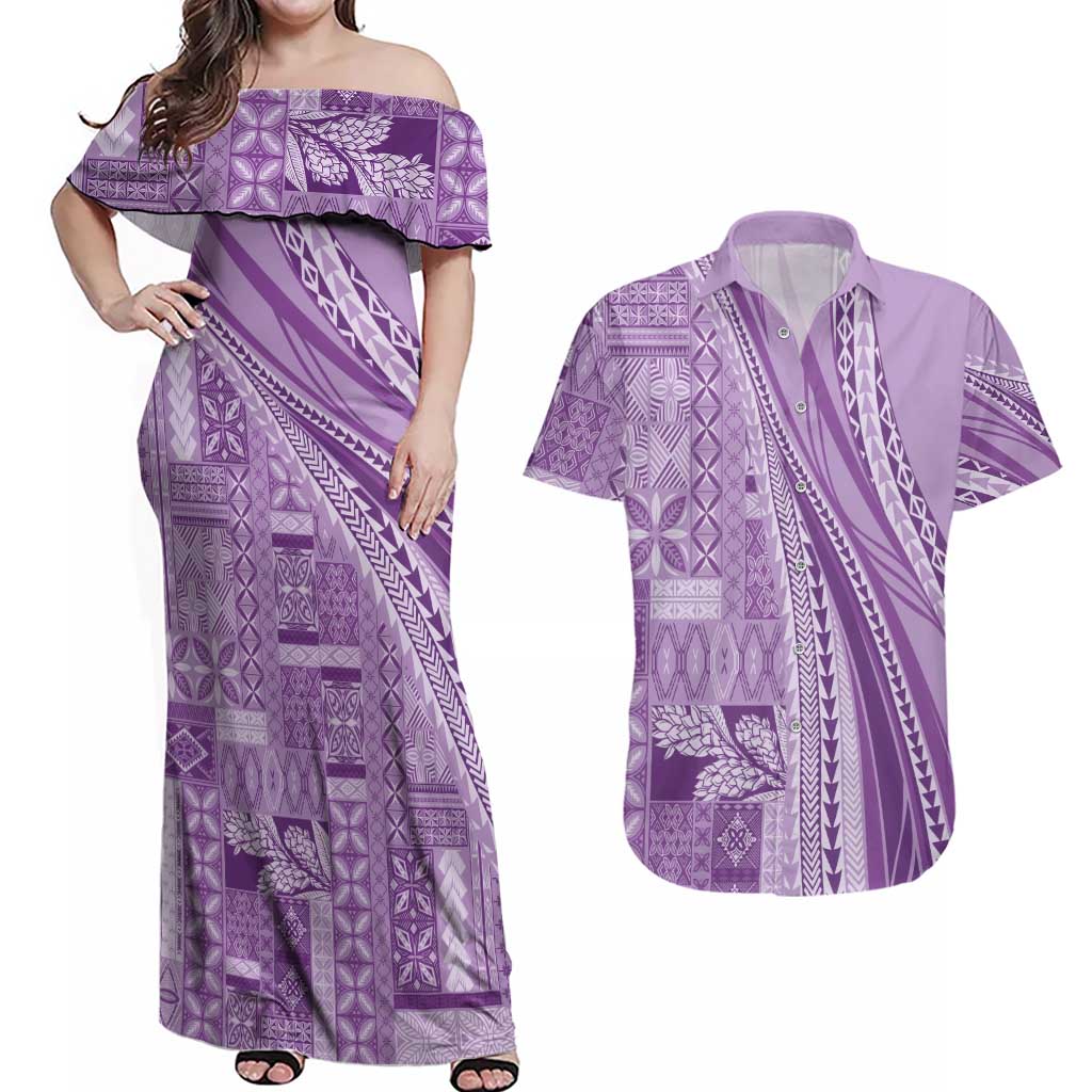 Pasifika Women's Day - Samoa Siapo Malu Tattoo Inspired Couples Matching Off Shoulder Maxi Dress and Hawaiian Shirt Lavender LT7 Lavender - Polynesian Pride
