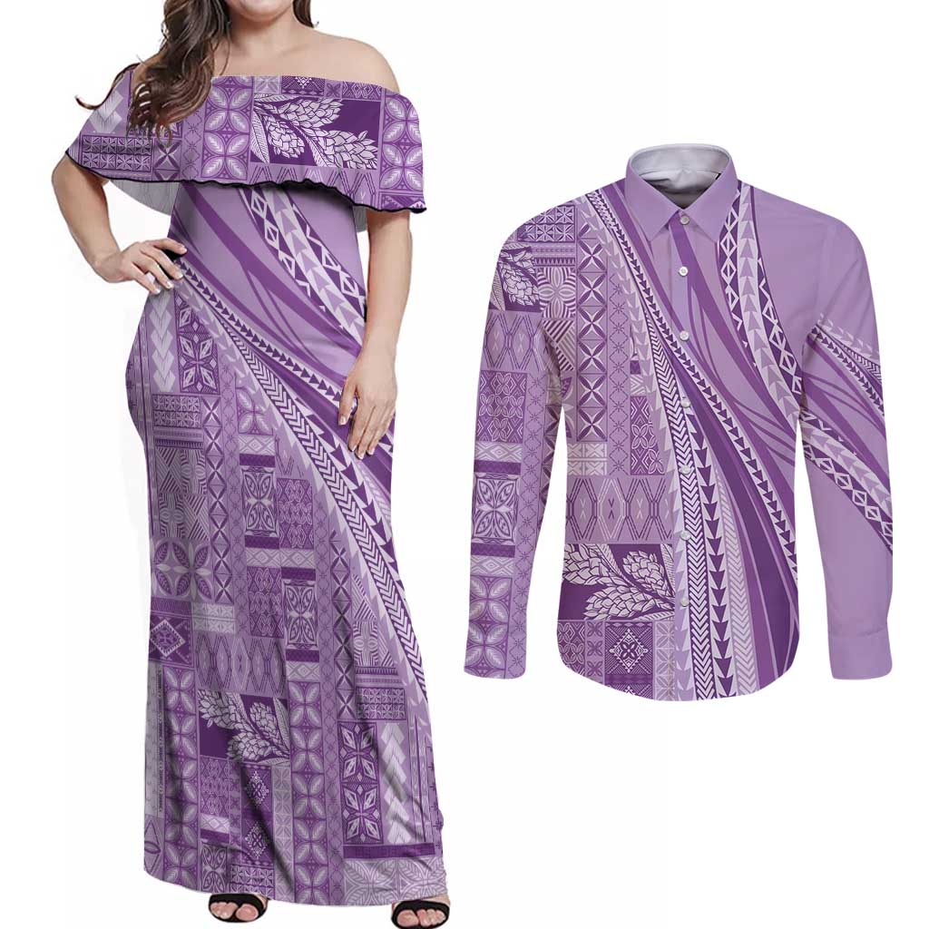 Pasifika Women's Day - Samoa Siapo Malu Tattoo Inspired Couples Matching Off Shoulder Maxi Dress and Long Sleeve Button Shirt Lavender LT7 Lavender - Polynesian Pride