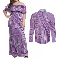 Pasifika Women's Day - Samoa Siapo Malu Tattoo Inspired Couples Matching Off Shoulder Maxi Dress and Long Sleeve Button Shirt Lavender LT7 Lavender - Polynesian Pride