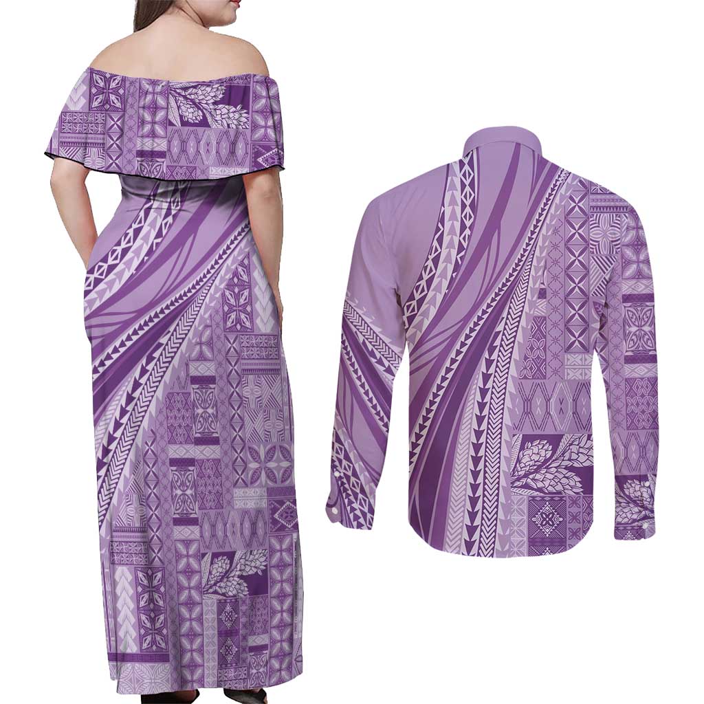 Pasifika Women's Day - Samoa Siapo Malu Tattoo Inspired Couples Matching Off Shoulder Maxi Dress and Long Sleeve Button Shirt Lavender LT7 - Polynesian Pride