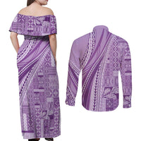 Pasifika Women's Day - Samoa Siapo Malu Tattoo Inspired Couples Matching Off Shoulder Maxi Dress and Long Sleeve Button Shirt Lavender LT7 - Polynesian Pride