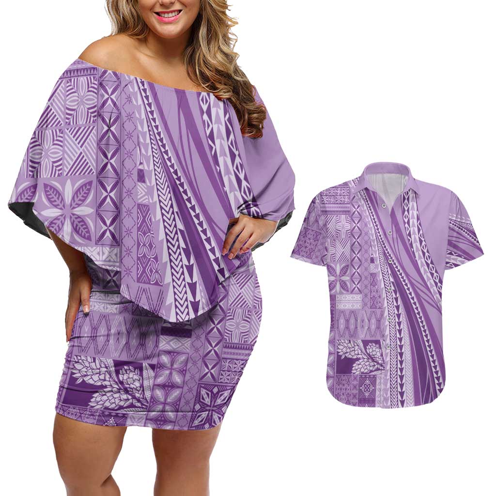 Pasifika Women's Day - Samoa Siapo Malu Tattoo Inspired Couples Matching Off Shoulder Short Dress and Hawaiian Shirt Lavender LT7 Lavender - Polynesian Pride