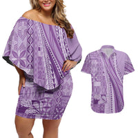 Pasifika Women's Day - Samoa Siapo Malu Tattoo Inspired Couples Matching Off Shoulder Short Dress and Hawaiian Shirt Lavender LT7 Lavender - Polynesian Pride