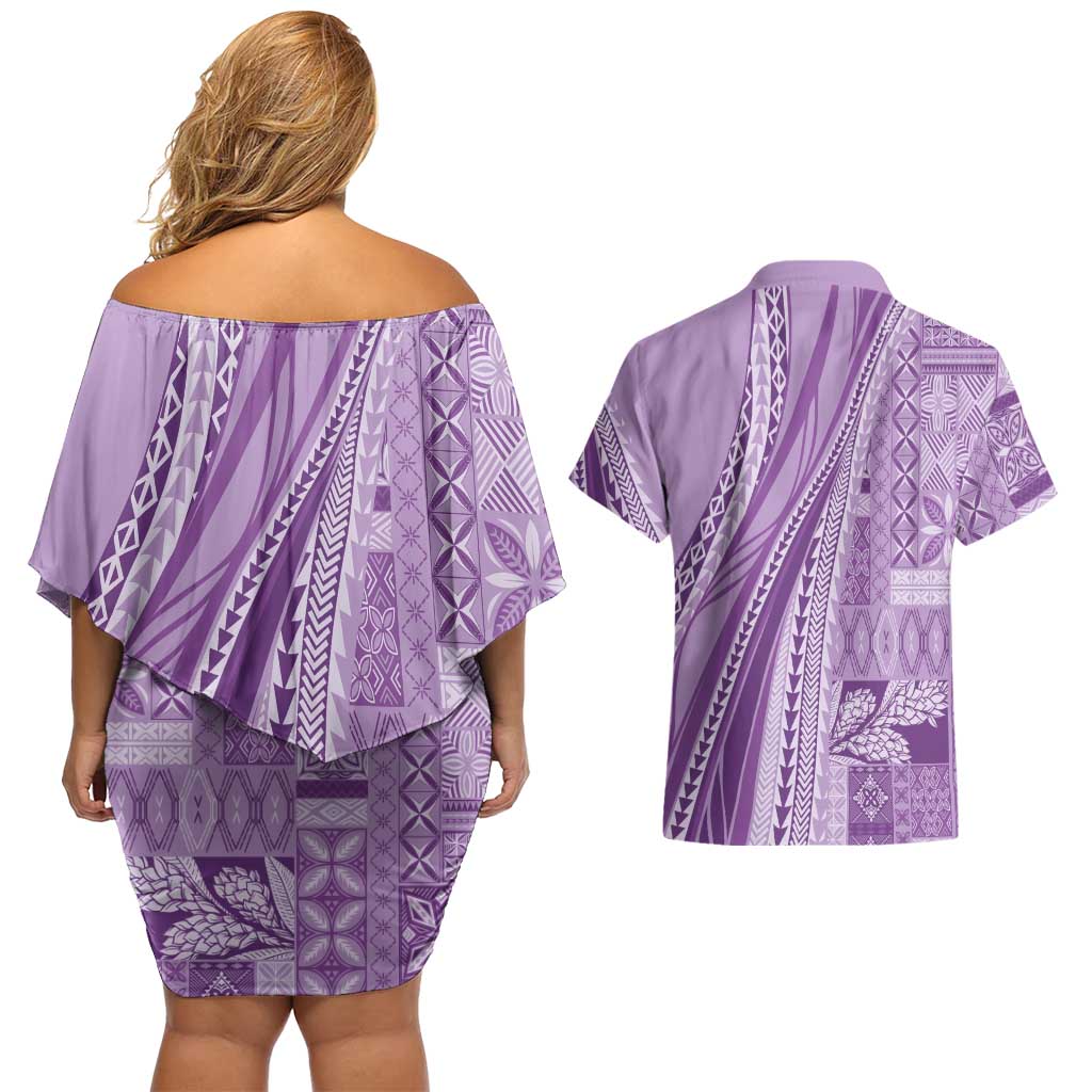 Pasifika Women's Day - Samoa Siapo Malu Tattoo Inspired Couples Matching Off Shoulder Short Dress and Hawaiian Shirt Lavender LT7 - Polynesian Pride
